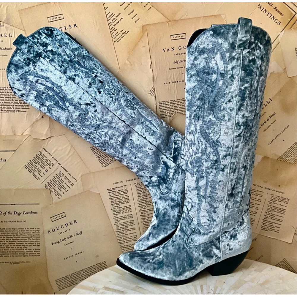 Free People Jeffrey Campbell Finn Tall Western Boots Aqua Blue Velvet - Picture 2 of 8